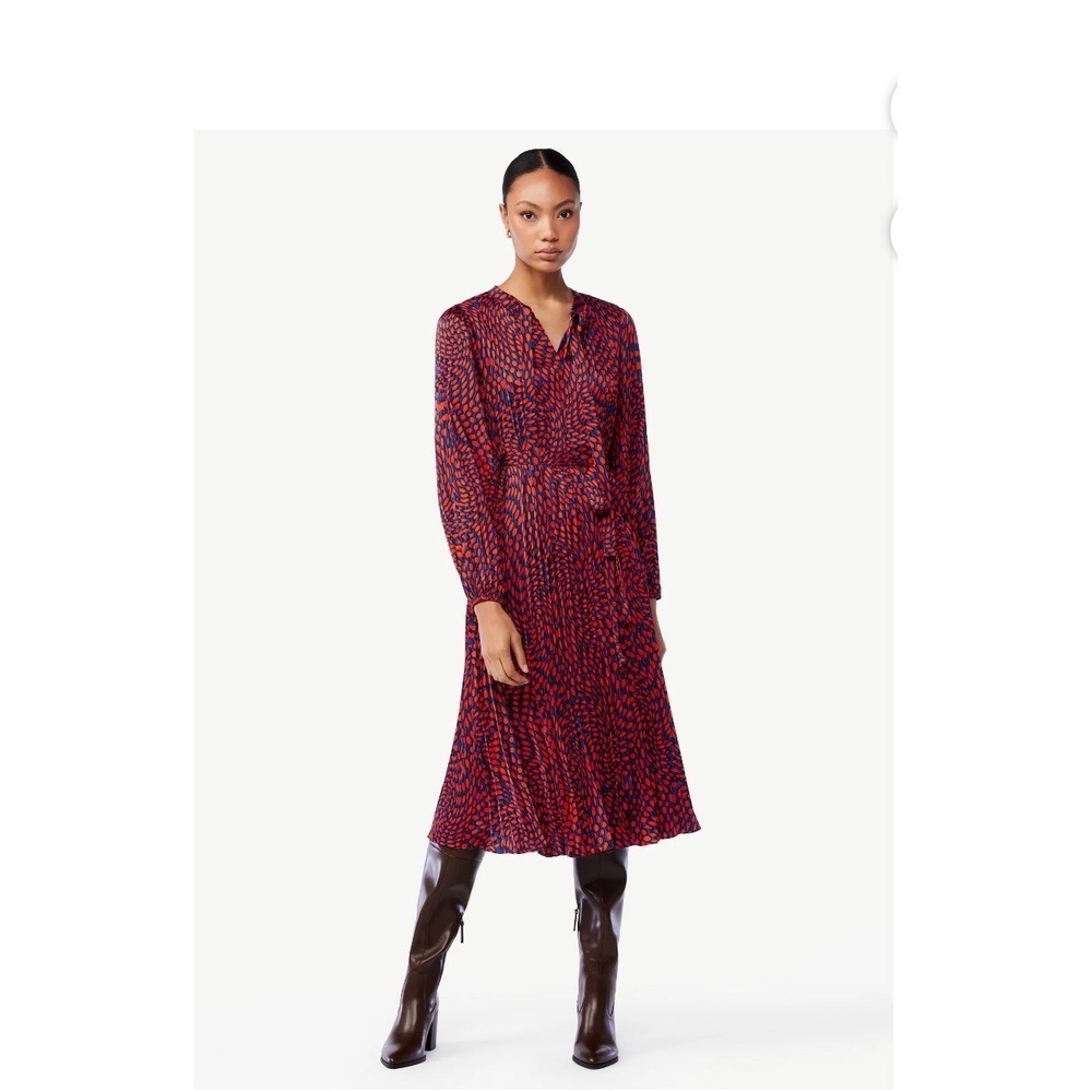 Scoop Red Print Sleeve Tie Neck Career Casual ‎ It Is missing belt/waist tie